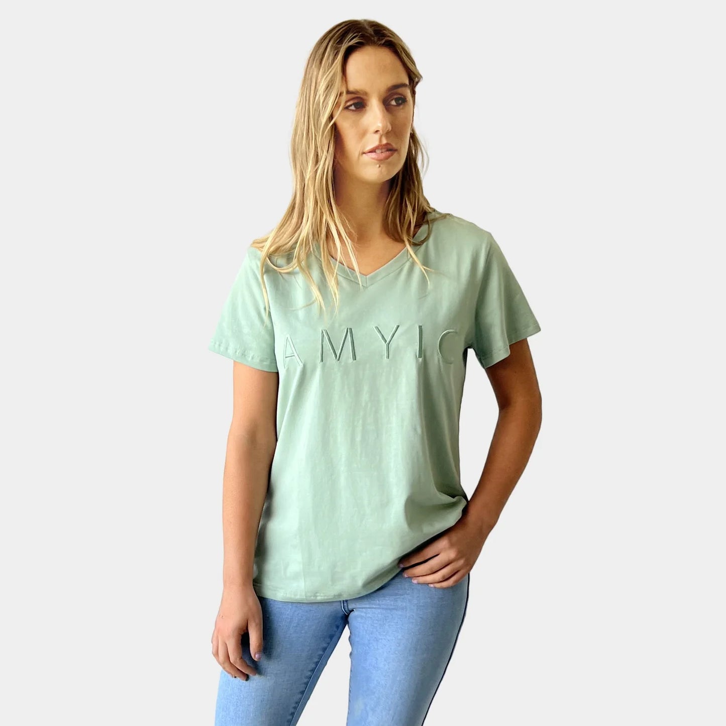 Amyic Embroidery Letters V Neck Tee